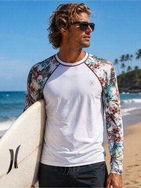 Hurley UPF 50+ Rash Guard Mens Large White Floral Long Sleeve Swim Top